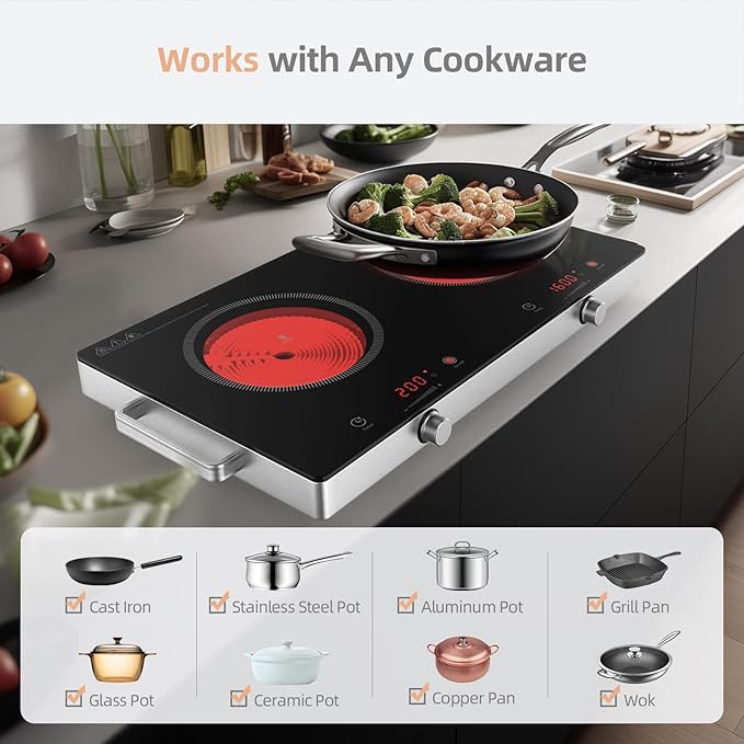 Infrared Double Burner Hot Plate,1800W Portable Electric Cooktop for 110-120V Outlet, Ceramic Glass Top, Knob & Touch Control, 9 Power Levels, Timer, Works with Any Cookware