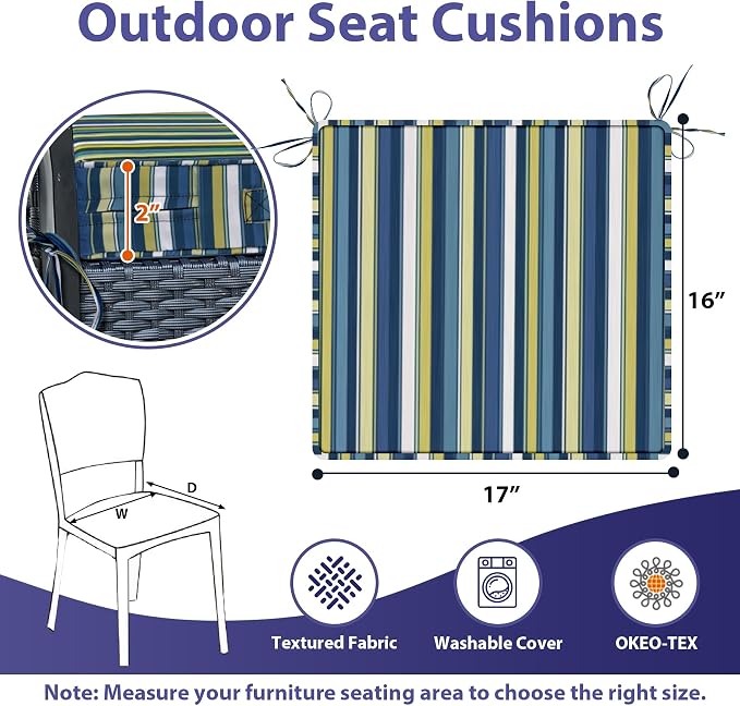 IPYNBAP Outdoor Chair Cushions Set of 4 -Waterproof Outdoor Seat Cushions for Patio Furniture, Patio Chair Cushion with Handle and Ties, Out Door Chair Pads,17x16x2-Square, Blue Stripe