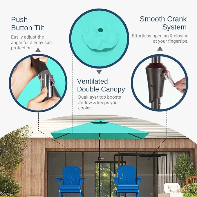 6.5' x 10' Rectangular Patio Umbrella Large Outdoor Market Umbrella w/ UV Protection, Push Button Tilt and Crank Lift, Rectangle Table Umbrella for Garden, Deck, Pool, Patio, Turquoise Blue