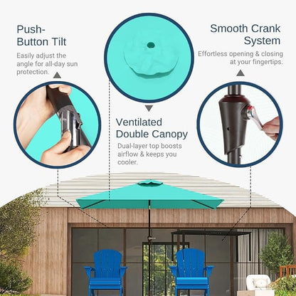 6.5' x 10' Rectangular Patio Umbrella Large Outdoor Market Umbrella w/ UV Protection, Push Button Tilt and Crank Lift, Rectangle Table Umbrella for Garden, Deck, Pool, Patio, Turquoise Blue