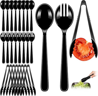 24 Pcs Black Plastic Serving Utensils Set, Elegant Disposable Party Spoons & Forks, Premium Heavy Duty Tableware for Birthday Party, Wedding, Halloween, Graduation, Buffet & Special Events