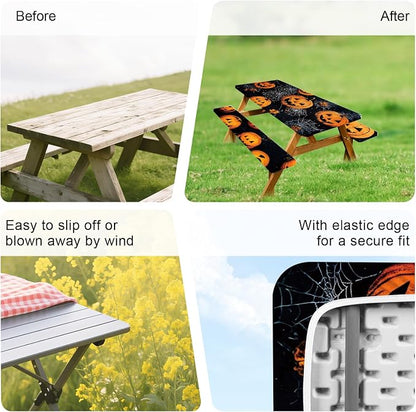 ANNA QUEEN Halloween Pumpkin 6FT Picnic Table Cover Set, Spooky 3PCS 72"x30" Jack-o'-Lantern Tablecloth & Bench Covers, Waterproof Camping Outdoor Decor