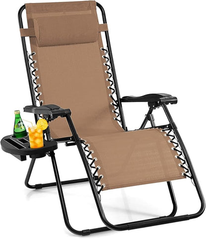 Giantex 2 PCS Zero Gravity Chair Patio Chaise Lounge Chairs Outdoor Yard Pool Recliner Folding Lounge Chair with Cup Holder (Beige)