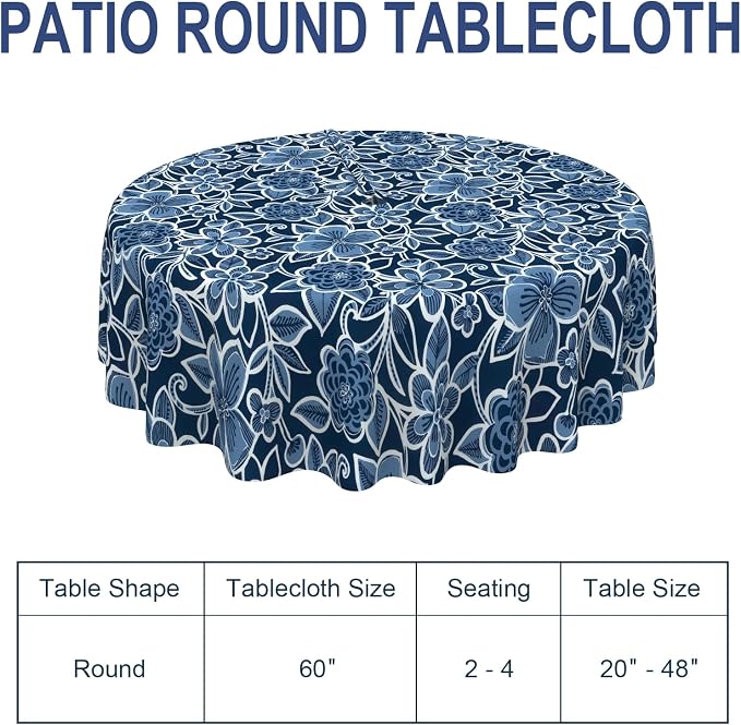 Outdoor/Indoor Round Tablecloth with Umbrella Hole Zipper, Decorative Circular Table Cover for Home Garden, 60 Inch, Flower Navy