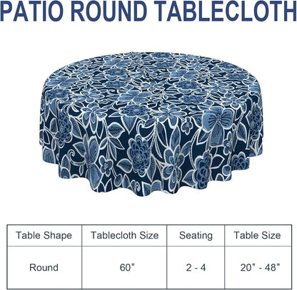 Outdoor/Indoor Round Tablecloth with Umbrella Hole Zipper, Decorative Circular Table Cover for Home Garden, 60 Inch, Flower Navy