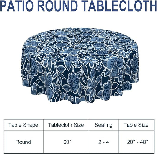 Outdoor/Indoor Round Tablecloth with Umbrella Hole Zipper, Decorative Circular Table Cover for Home Garden, 60 Inch, Flower Navy