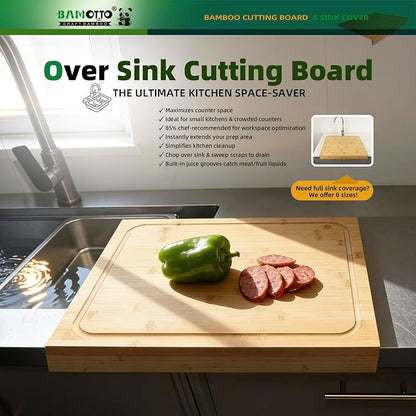 BAMOTTO CRAFTBAMBOO Large Bamboo Cutting Board 17.7"x15.8", Reversible Dual-Sided Juice Grooves, Detachable Front Lip for Counter Stability, Sink & Stovetop Cover