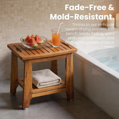 NNN 21" Standard Teak Shower Bench with Japan-Made Non-Slip Leveling Feet | US Patented Design, Marine-Grade Hardware, Pre-Oiled European Teak Oil, Ready, 300lb, for Showers Spa Sauna & Outdoor Pools
