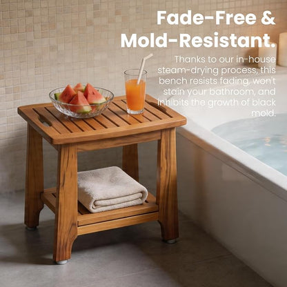 NNN 18" Standard Teak Shower Bench with Japan-Made Non-Slip Leveling Feet | US Patented Design, Marine-Grade Hardware, Pre-Oiled European Teak Oil, Ready, 300lb, for Standard Tubs Showers & Outdoor Use