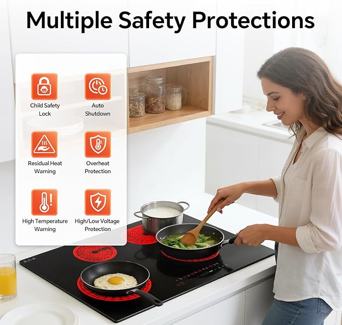 Ranein 30 Inch 4 Burner Electric Cooktop, Max 7900W 240V Ceramic Panel Built-in Electric Stove Top, with Child Safety Lock, Timer, Over-Temperature Protection