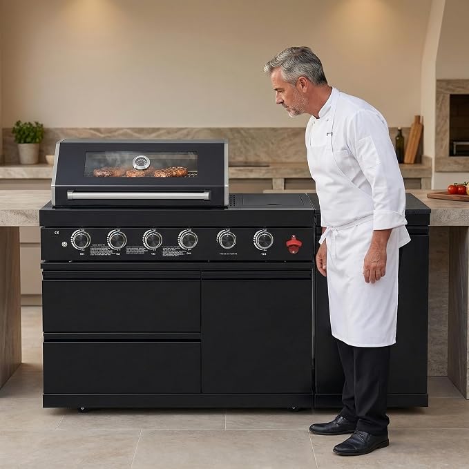 65 Inch Outdoor Kitchen Island, 4-Burner 72,000 BTU Propane Stainless Steel BBQ, Includes Round Side Burner,Marble Countertops, Ideal for Backyard BBQ