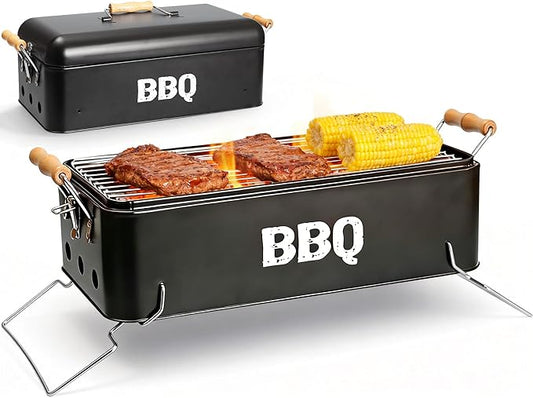 Portable Charcoal Grill 16.5" x 9", Tabletop BBQ Grill with Locking Lid & Wooden Handles for 2-4 People, Travel Size Ideal for Outdoor Camping Picnic, Easy Assembly