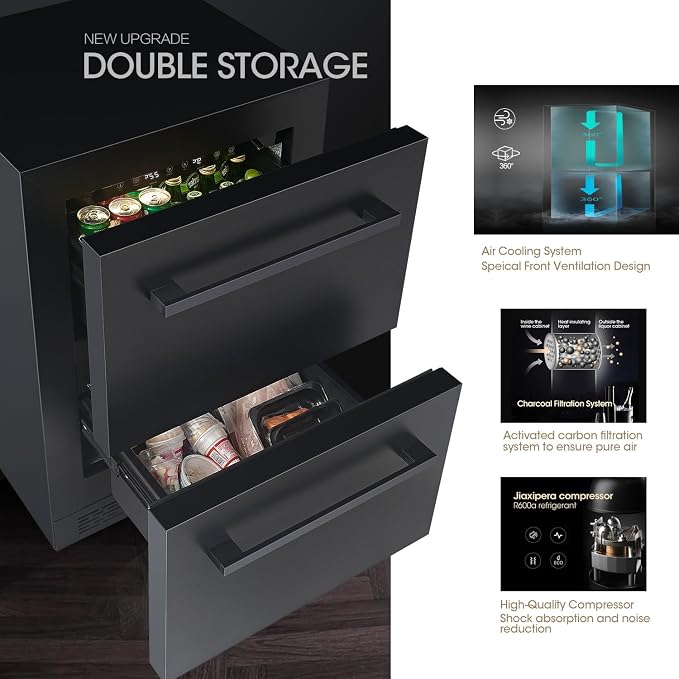24 inch Double Drawer Drawer Refrigerator Under Counter with Freezer Beverage Refrigerator, Indoor/Outdoor Fridge for Patio, Kitchen & Bar, Weatherproof (Black)
