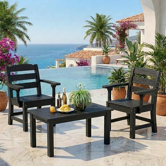 YITAHOME Wood-Grain Textured Resin Outdoor Dining Chairs, Heavy Duty All-Weather Patio Chairs for Garden, Backyard, Poolside, Black, Max Load 330 LBS, Sturdy Patio Furniture Chair, 2 PCS