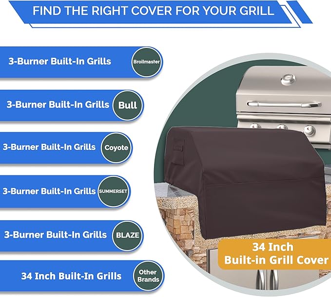Covers & All Built-in Grill Cover for Outdoor Grill – Heavy Duty 12 oz Waterproof Built-in BBQ Grill Cover, PVC-Coated Polyester with Elastic Hem for Snug Fit (34 x 30 x 18 inches, Coffee)