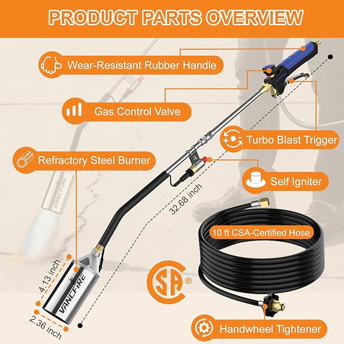 Propane Torch Weed Burner Kit,Heavy Duty Blow Torch with Storage Bag & 10FT Hose,Flamethrower with Turbo Trigger for Weeding,Roofing,Ice Snow Melting,BBQ(32.68")