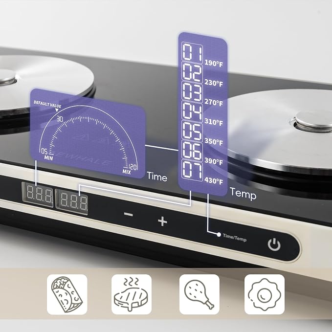AEWHALE Electric Glass Cooktop 2 Burners | Removable Griddle Pan, Ceramic Non-stick, 900W+900W, Sensor Touch, Adjustable Temperature/Time