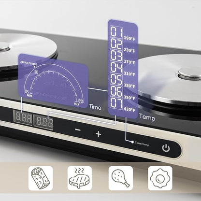 AEWHALE Electric Glass Cooktop 2 Burners | Removable Griddle Pan, Ceramic Non-stick, 900W+900W, Sensor Touch, Adjustable Temperature/Time