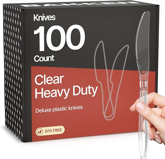 Bakken Disposable Cutlery Set 100 Pieces Knives, Heavy Duty Plastic Silverware, BPA-Free Food-Grade Materials, Heat-Resistant, Reusable Utensils for Parties, Catering, BBQs, and Everyday Use, Clear