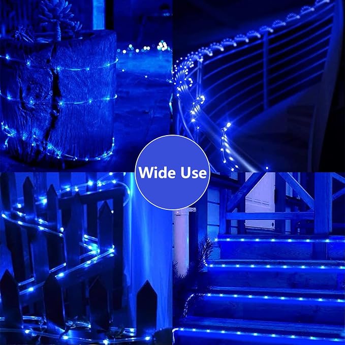 QITONG Blue Solar Rope Lights, 2 Pack Each 33ft 100 LED String Light Outdoor, Fairy Lights in Clear Thin Tube with 8 Modes