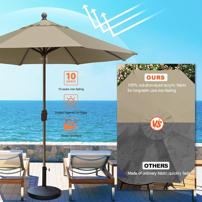 Eurmax USA 10-Year-Non-Fading 10FT Outdoor Patio Market Umbrella,UPF50+ UV Resistant Sun Shade,Heavy Duty Commercial Grade,Crank Lift Design,Windproof Vented Top for Garden,Pool,Deck,Mushroom