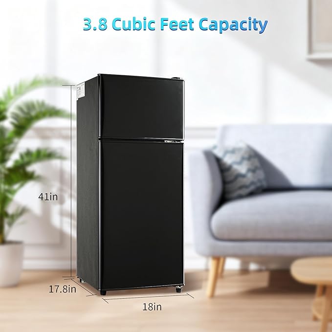 3.8 Cu. Ft Compact Fridge with Freezer, 2 Door Mini Refrigerator | Mini Fridge with Freezer 7 Adjustable Thermostat, Removable Shelves, Compact Fridge for Home, Apartment, Office, Black