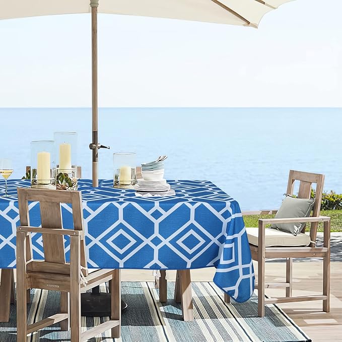 LUSHVIDA Moroccan Outdoor Tablecloth with Umbrella Hole and Zipper, 60 x 84 Inch Blue, Rectangle Waterproof Wrinkle Free Table Cloth Decorative Fabric Washable Table Cover for Patio, Party, Picnic