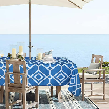 LUSHVIDA Moroccan Outdoor Tablecloth with Umbrella Hole and Zipper, 60 x 84 Inch Blue, Rectangle Waterproof Wrinkle Free Table Cloth Decorative Fabric Washable Table Cover for Patio, Party, Picnic