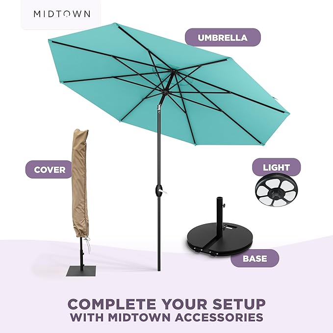 Midtown Umbrellas – The Lean 9 Ft Patio Umbrella with 10-Year-No-Fade Acrylast Acrylic Fabric, Auto-Tilt and 8 Reinforced Ribs for Deck, Pool, Garden, Hotel & Cafes – Azure Canopy, Black Pole
