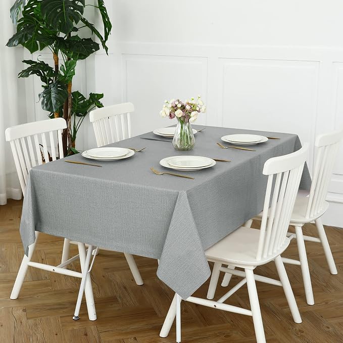 Romanstile 100% Waterproof PVC Tablecloth, Rectangle Oil Spill Proof Stain Resistant Vinyl Table Cloth, Wipe Clean Plastic Table Covers for Kitchen/Dining/Parties - 60 x 102 Inch, Light Grey