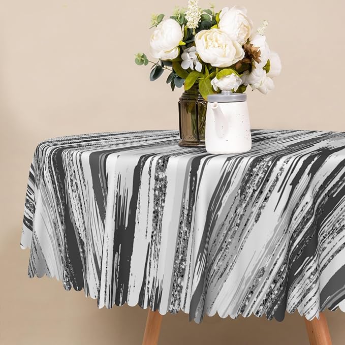 Abstract Striped Round Tablecloth 70 Inch Gray and White Old Texture Grunge Stripes Vintage Mosaic Dust-Proof Circle Table Cover Protector for Home Kitchen Restaurant Picnic Camping BBQ