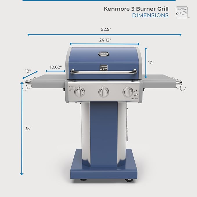 Kenmore 3-Burner Propane BBQ Grill, 30,000 BTUs Gas Grill with Cast Iron Cooking Grates, Folding Side Tables & Wheels, Outdoor Grill with Tool Hooks, Azure Blue