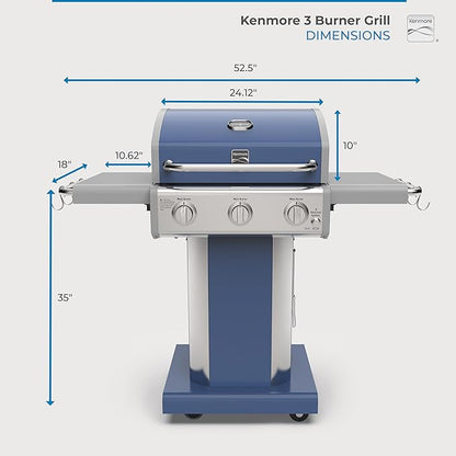 Kenmore 3-Burner Propane BBQ Grill, 30,000 BTUs Gas Grill with Cast Iron Cooking Grates, Folding Side Tables & Wheels, Outdoor Grill with Tool Hooks, Azure Blue