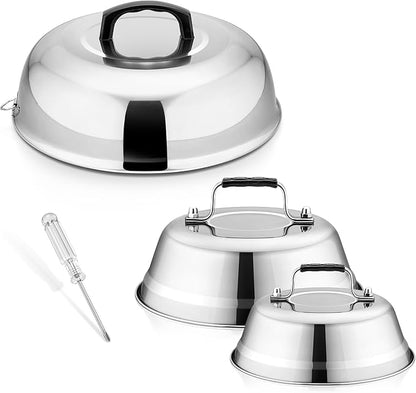 Cheese Melting Dome Set of 3, Leonyo 12"-9"-6.5" Metal Steam Basting Cover for Griddle Grill, Heavy duty Stainless Steel Griddle Accessories for BBQ Flat Top Kitchen Cooking Hamburger, Heat Proof Grip
