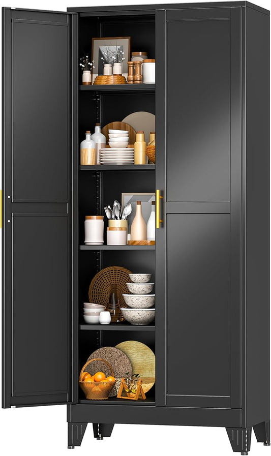 Black Pantry Storage Cabinet,71" Kitchen Pantry with Doors and 4 Adjustable Shelves, Metal Storage Cabinet, for Office, Home, Garage, School