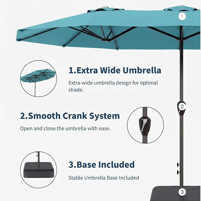 15FT Double Sided Patio Umbrella with Base Included Large Outdoor Market Umbrella with Crank Handle, UV Resistant Canopy, Sturdy Frame for Garden, Poolside, Deck, Sky Blue
