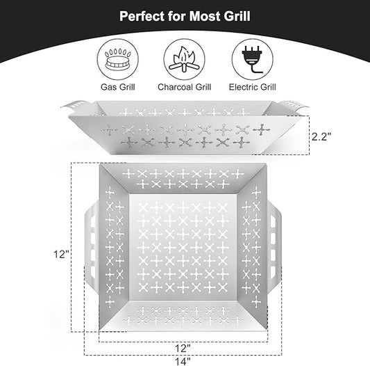Skyflame Stainless Steel Grill Baskets for Outdoor Grill, Thick Meat/Steak/Shrimp/Chop/Vegetable Grilling Basket with Handle, BBQ Grill Accessories for All Grills and Smokers