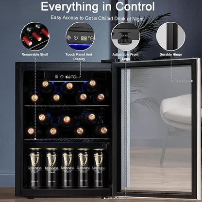 Antarctic Star 68 Can Beverage Refrigerator,Mini Fridge with with Stainless Steel Glass Door, Digital Temperature Display,Electronic Temperature Control, 1.7Cu.ft Silver