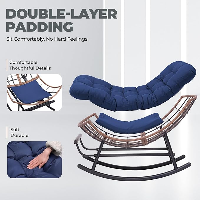 COMHOMA Outdoor Rocking Papasan Chair, Oversized Wicker Patio Rocker, Indoor Comfy Wicker Reading Lounge, Bed-Like Comfort Egg Chair for Bedroom,Balcony, Porch, Garden, Blue