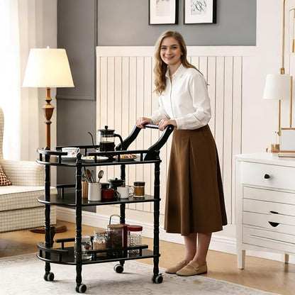 Entertainment Kitchen Cart, Midcentury Modern Imported rubberwood Black Finished Wood 3-Tier Mobile Bar Cart Serving Cart