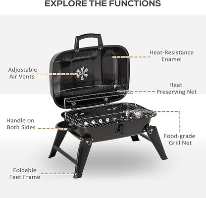 14" Portable Charcoal Grill, Tabletop Small BBQ Grill for Outdoor Cooking, Camping, Tailgating, Enamel Coated, Vent, Folding Legs, Black