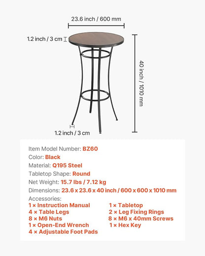 VEVOR Outdoor Round Bar Table, 23.7 in Counter Bar Height Bistro Table, Patio Dining Tables with Easy-to-Clean Top & Sturdy Metal Frame, Indoor High Top Pub Tables for Small Places, Kitchen