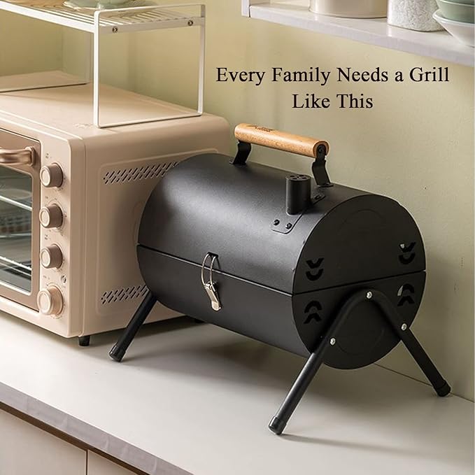JATIBOSH Portable Charcoal Grill, Tabletop Outdoor Barbecue Smoker, Small BBQ Grill for Outdoor Cooking Backyard Camping Picnics Beach Black Suitable for 2-4 People