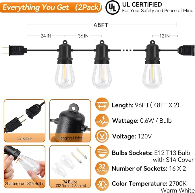 96FT LED Outdoor String Lights with 32+2 Shatterproof LED Bulbs | Hanging Lights for Patio Weatherproof, Warm White, Connectable Lights Plug in for Party, Cafe, Bistro and Backyards (2 Pack)