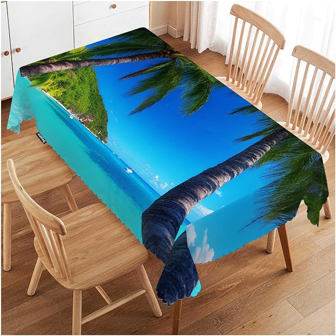 Swono 52x70 Inch Ocean Palm Tablecloth Tropical Island Beach Sea Palm Trees Farmhouse Dining Table Cloth Anti-Stain Talking Table Cover for Kitchen Dinning Room Coffee Store
