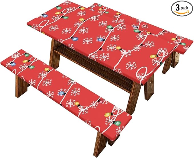 Christmas Colored Lights Snowflake Picnic Table Cover with Bench Covers 3 PCS for Outdoor Camping Rectangle Table Cloth for Picnic Camping Outdoor
