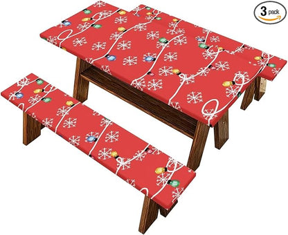 Christmas Colored Lights Snowflake Picnic Table Cover with Bench Covers 3 PCS for Outdoor Camping Rectangle Table Cloth for Picnic Camping Outdoor