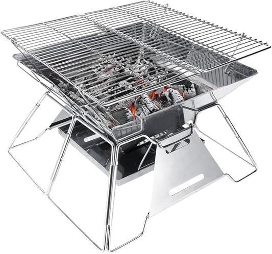 Brentwood BB-4X14SS 14" x 14" Stainless Steel Portable Folding Charcoal BBQ Grill and Outdoor Fire Pit with Carry Bag