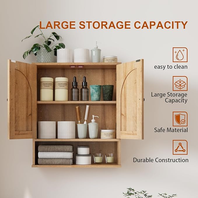 Medicine Cabinet, Over The Toilet Storage Cabinet, Bathroom Wall Storage Cabinet with Arched Doors & Adjustable Shelves, Wall Mounted Bathroom Cabinet for Kitchen, Laundry Room, Living Room,Natural