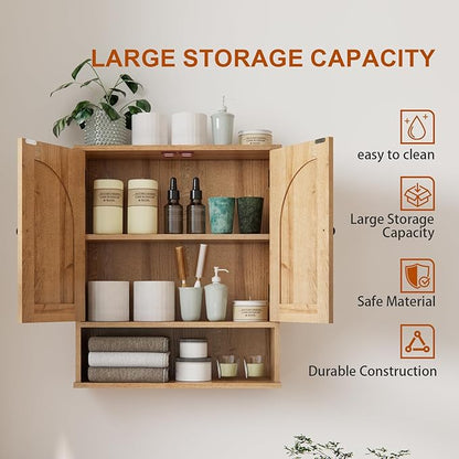 Medicine Cabinet, Over The Toilet Storage Cabinet, Bathroom Wall Storage Cabinet with Arched Doors & Adjustable Shelves, Wall Mounted Bathroom Cabinet for Kitchen, Laundry Room, Living Room,Natural